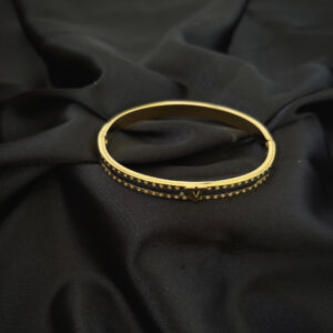 Bracelet cerceau or avec cuir noir en acier inoxydable