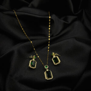 Ensemble chaîne + boucles d’oreilles en pierre vert en acier inoxydable