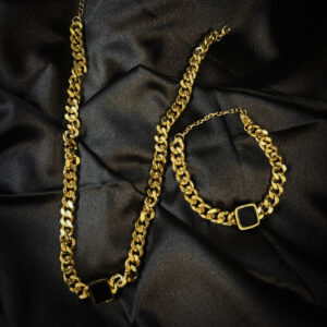 Ensemble chaîne + bracelet en acier inoxydable médaillons pierre noire